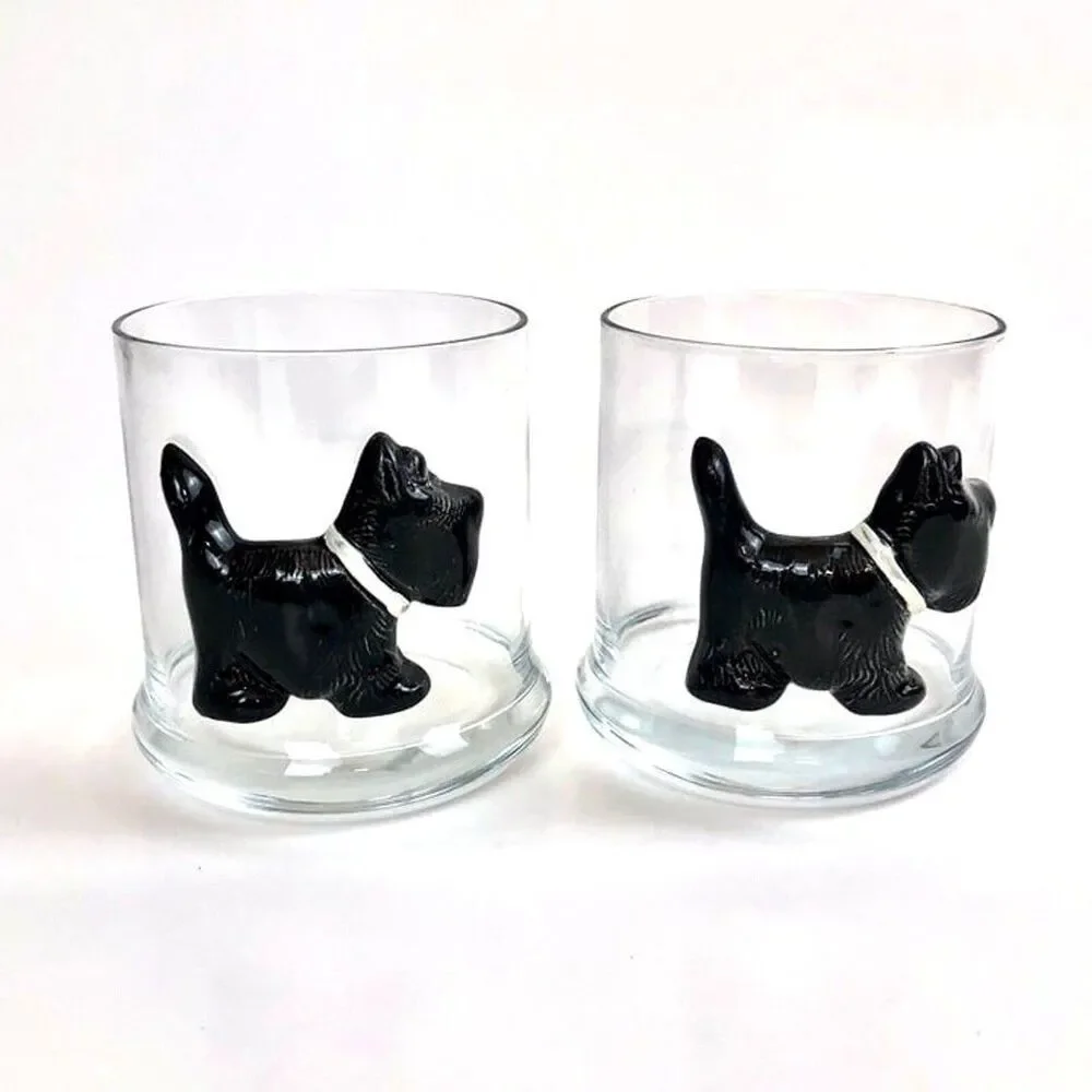 MCM Cocktail Glasses Scottie Dog Scottish Terrier Art Glass 12 oz Set of 2